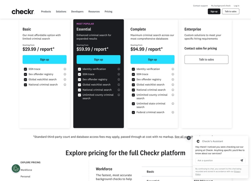 Checkr’s three self-serve packages — Basic at $29.99, Essential at $59.99 and Complete at $94.99 per report