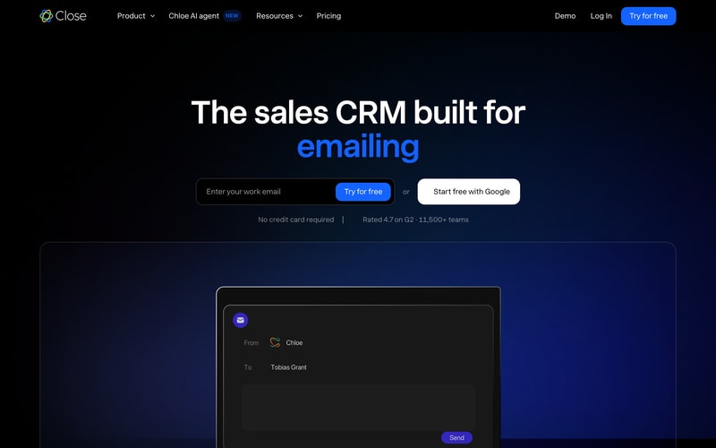 Close’s homepage presenting its CRM built for inside sales teams, with the Chloe AI agent highlighted in the navigation.