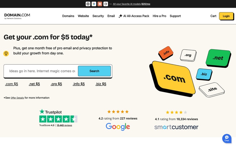Domain.com’s registration page showing .com, .net, .org, .info and .biz at $5 for the first year, with a TLD renewal table below.