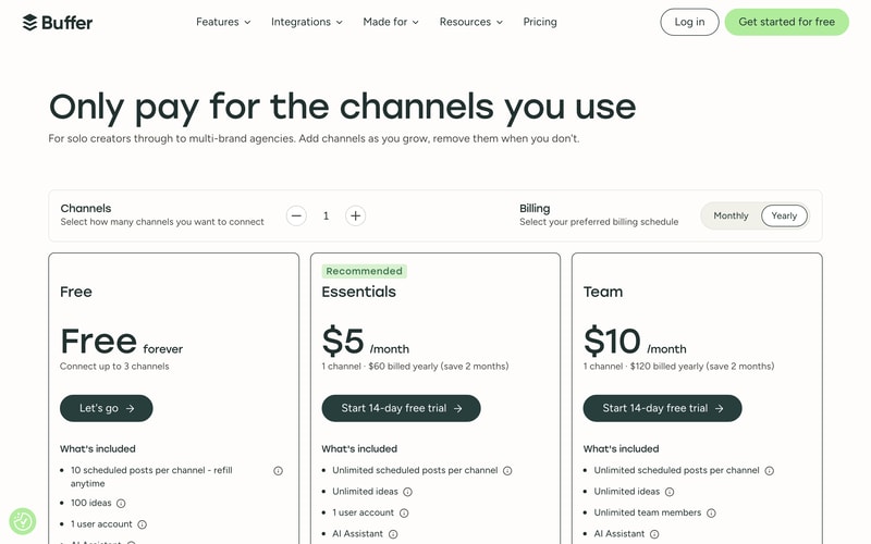 Buffer’s pricing page showing a free plan for three channels, Essentials at $5 and Team at $10 per channel per month, with a channel stepper and monthly or yearly billing.