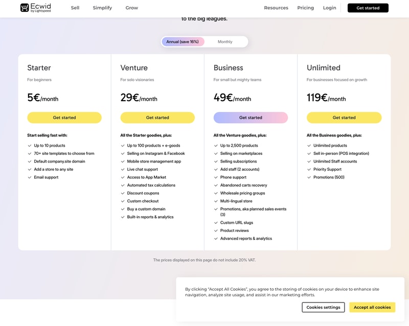 Ecwids prisside viser Starter til €5, Venture til €29, Business til €49 og Unlimited til €119 pr. måned ved årlig fakturering.