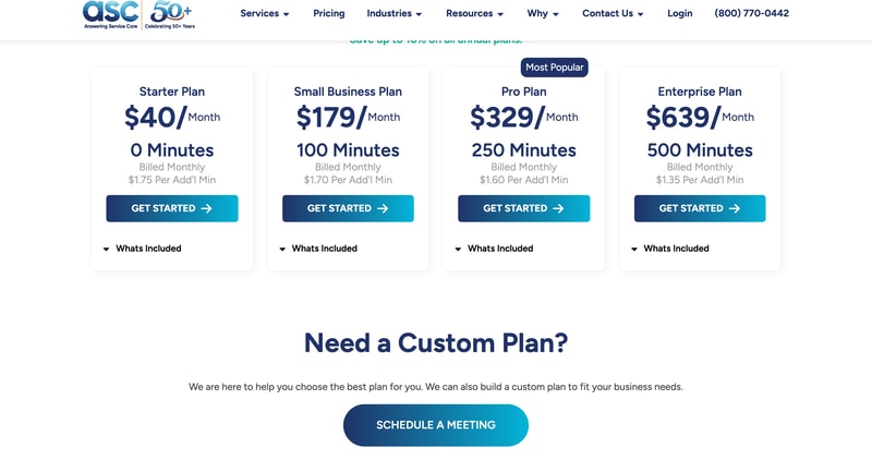 Answering Service Care’s live answering plans, showing the Starter, Small Business, Pro and Enterprise cards.