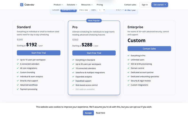 Calendar.com’s annual pricing showing Standard at $192 and Pro at $288 per year, with $240 and $360 struck through.
