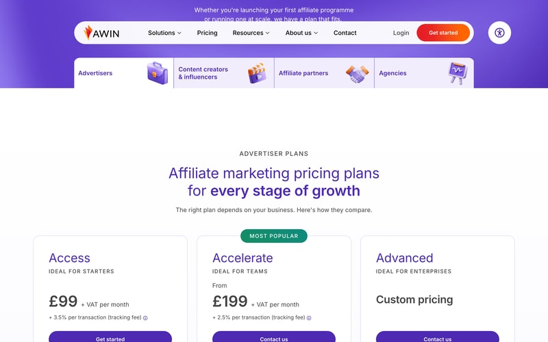 Awin’s advertiser pricing page showing three plans: Access at £99 plus VAT per month with a 3.5% per-transaction tracking fee, Accelerate from £199 with 2.5%, and Advanced at custom pricing.