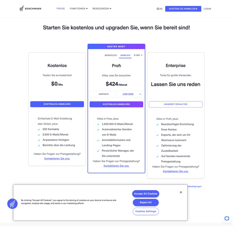 Benchmark Email’s pricing page showing the Free plan at $0 and Pro from $13 a month, with a contact selector running to over 100,000.