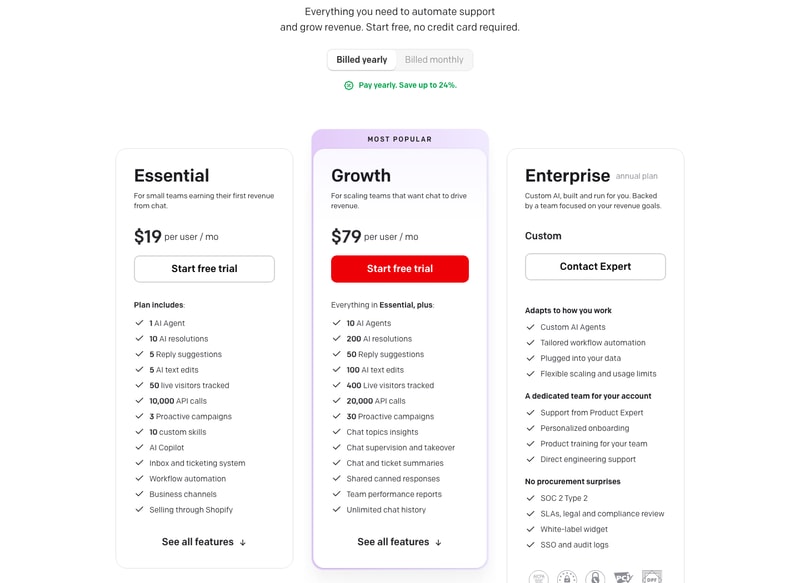 ChatBot.com pricing: Essential at $19 and Growth at $79 per user a month billed yearly, plus a custom Enterprise plan.