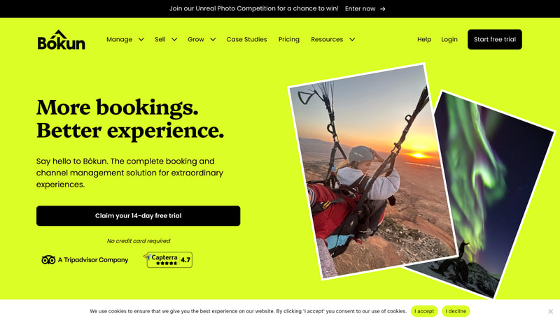 Bókun’s homepage: “More bookings. Better experience.” — the complete booking and channel management solution for tours and activities, from a Tripadvisor company, rated 4.7 on Capterra.