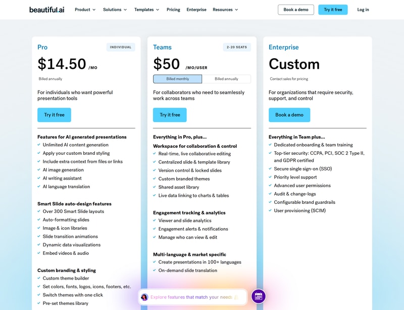 Beautiful.ai’s pricing page showing Pro at $14.50 a month billed annually with no toggle, Teams at $50 per user per month with a billing toggle, and a custom Enterprise tier