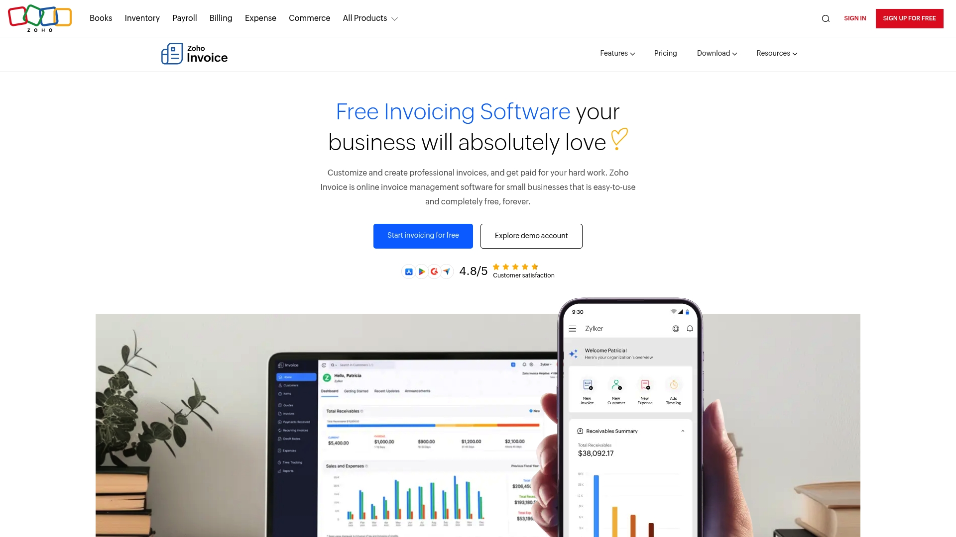 Zoho Invoice Homepage