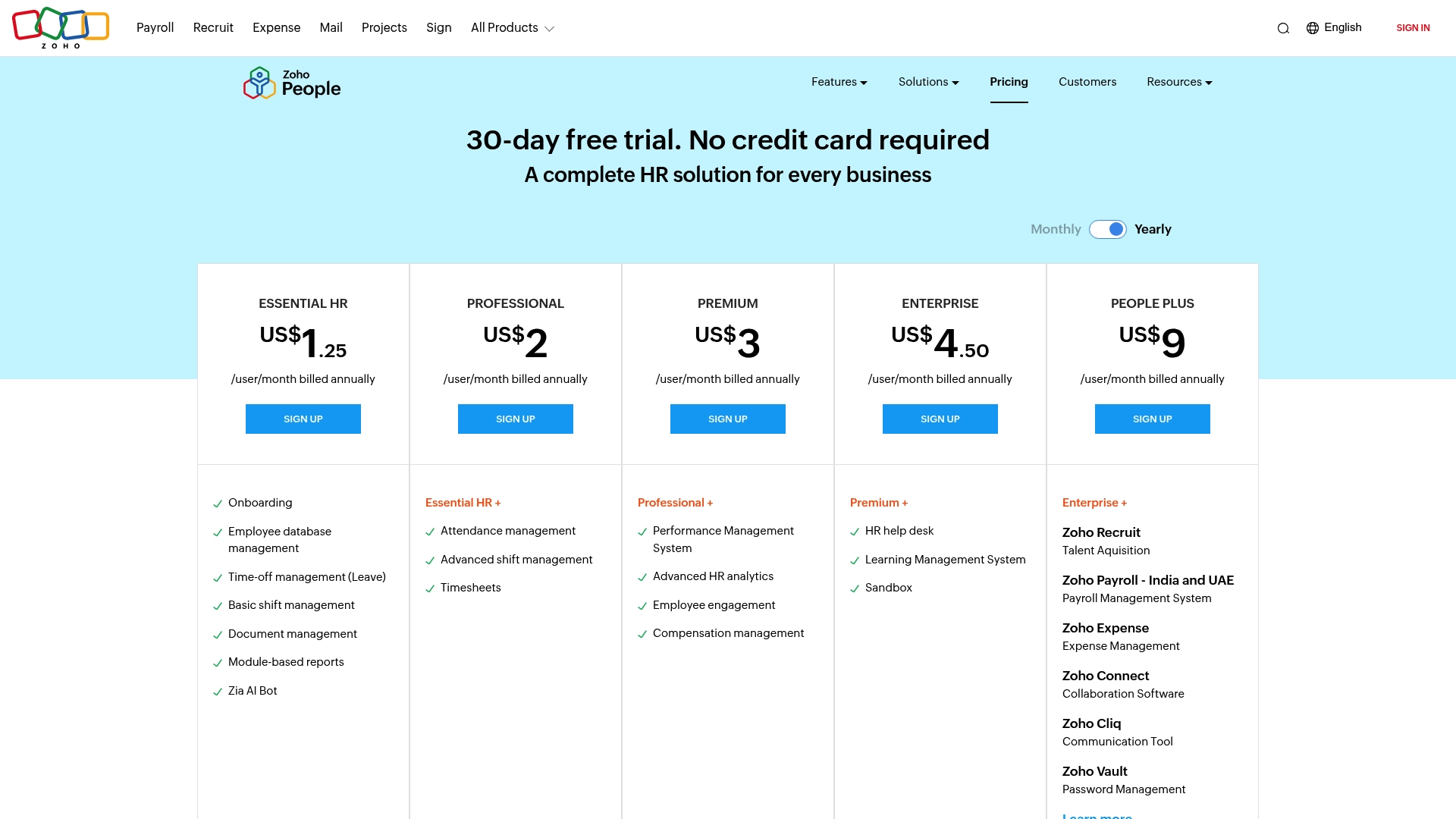Zoho People Homepage
