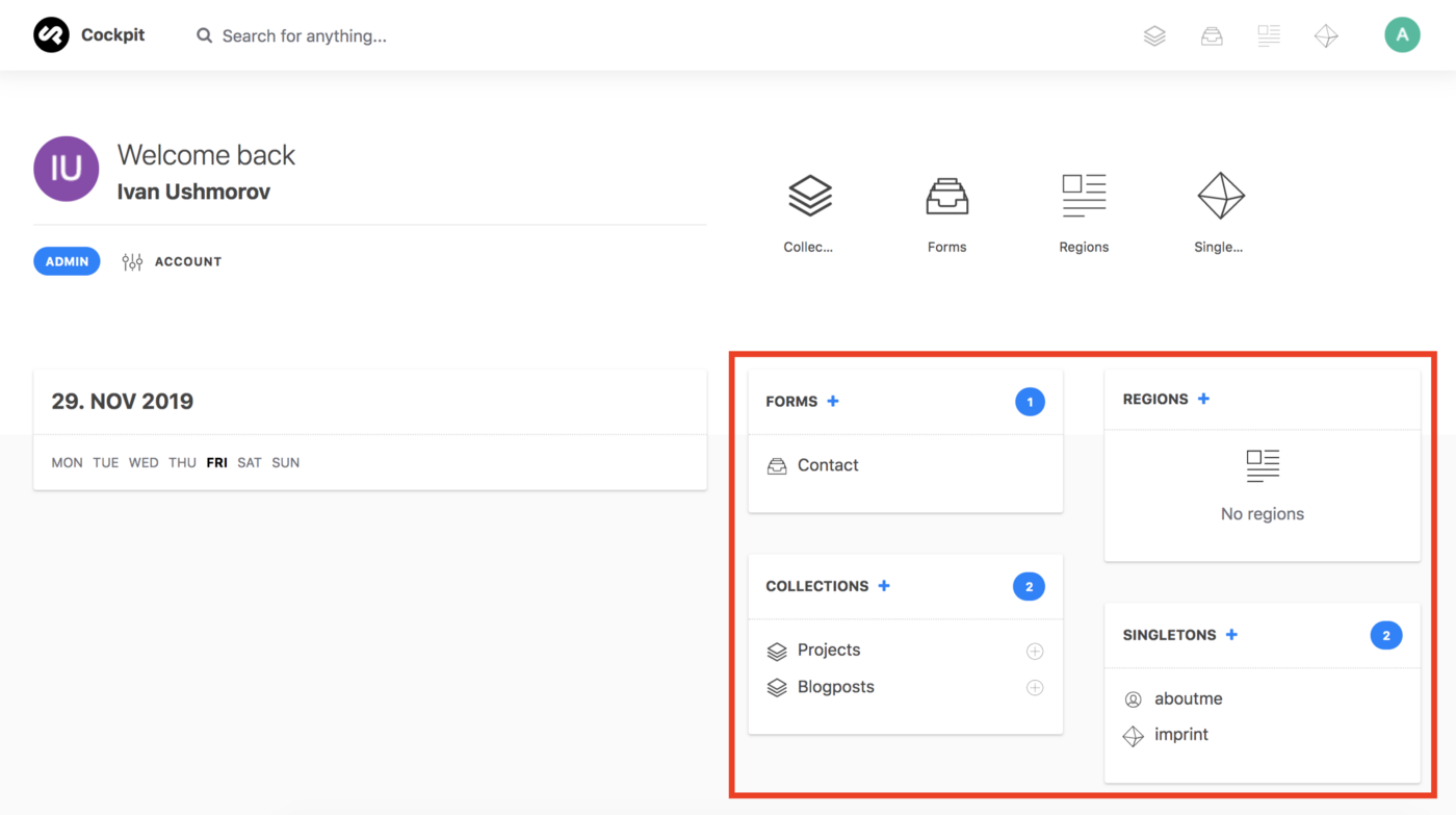 Cockpit CMS screenshot 2